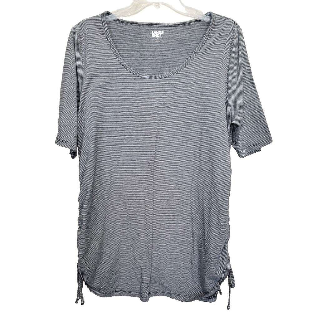 Lands' End Women's Micro-Striped Short Sleeve Ruched Sides T-Shirt Size Large